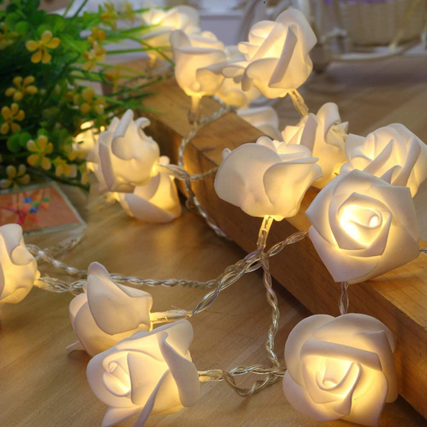 LED White Rose Flower Fairy String Lights with Battery Box Decorative Ambient Lamp for Wedding Party