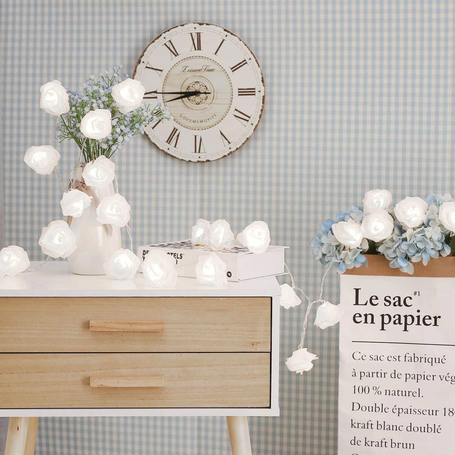 LED White Rose Flower Fairy String Lights with Battery Box Decorative Ambient Lamp for Wedding Party