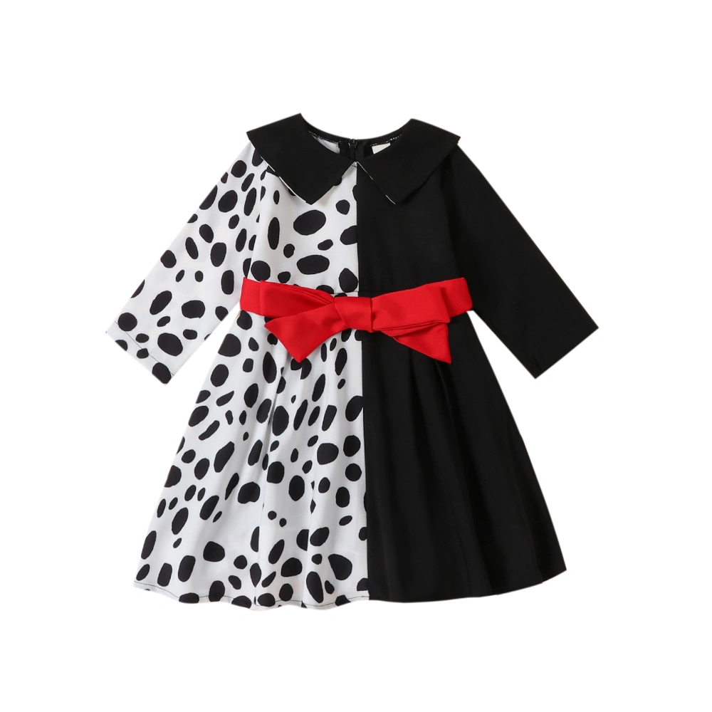 Toddler Girl Halloween Costume Dress, Spot Print Patchwork Long Sleeve Doll Collar A-Line Dress with Bow Belt