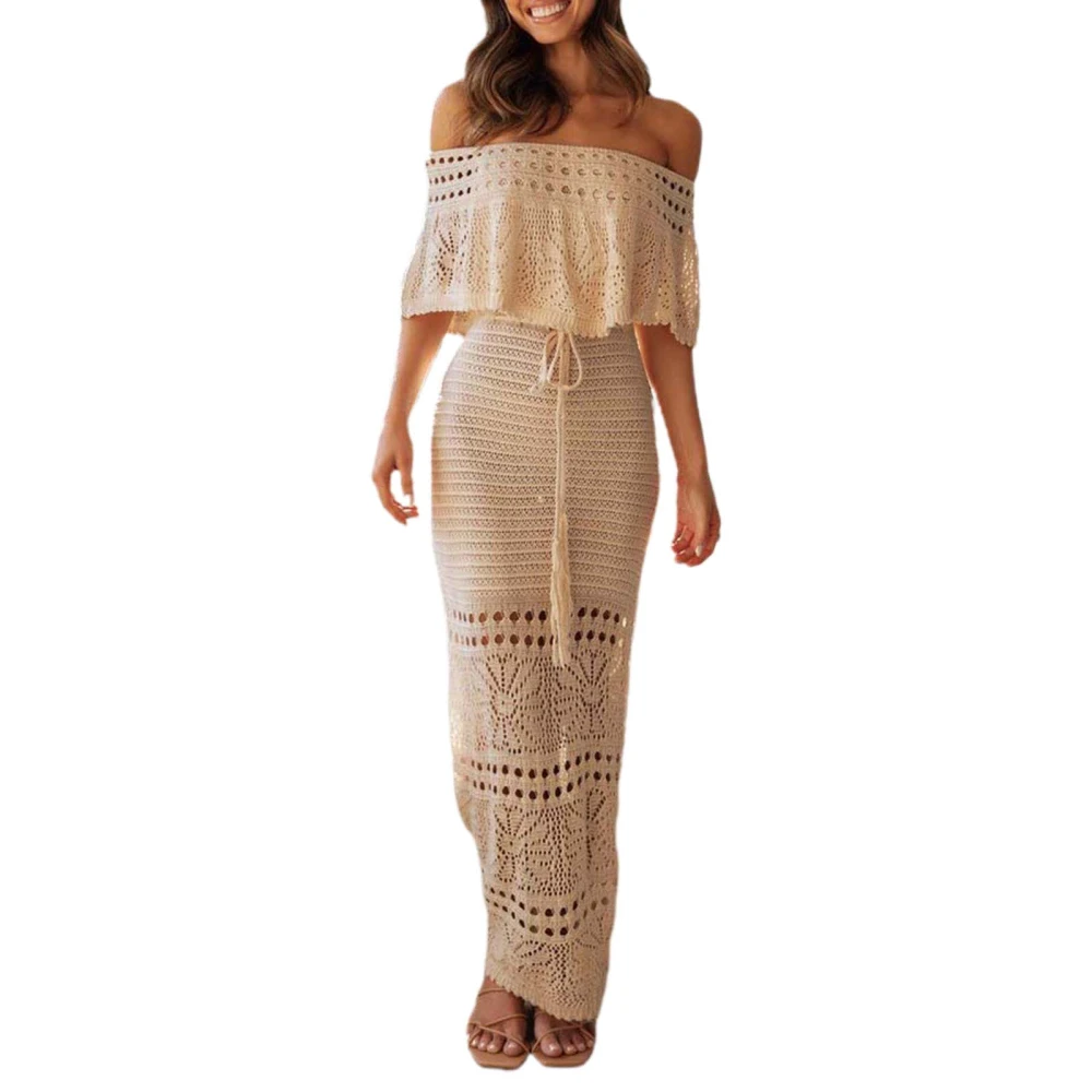 Women's Summer Long Tube Top Dress Short Sleeve Off Shoulder Knit Pattern Hollow Tie Up Dress