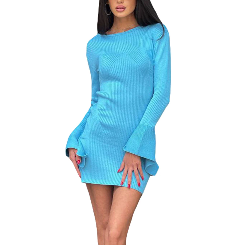 Women Long Sleeve Knitted Dress Casual Solid Color Bodycon Party Mini Dress for Beach Cocktail Club Streetwear