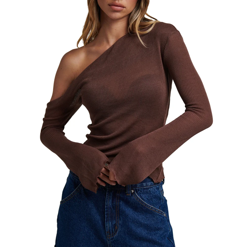 Women's Slant Shoulder Knit Tops Irregular Solid Color Ribbed Long Sleeve Slim Cropped T-shirt Clubwear