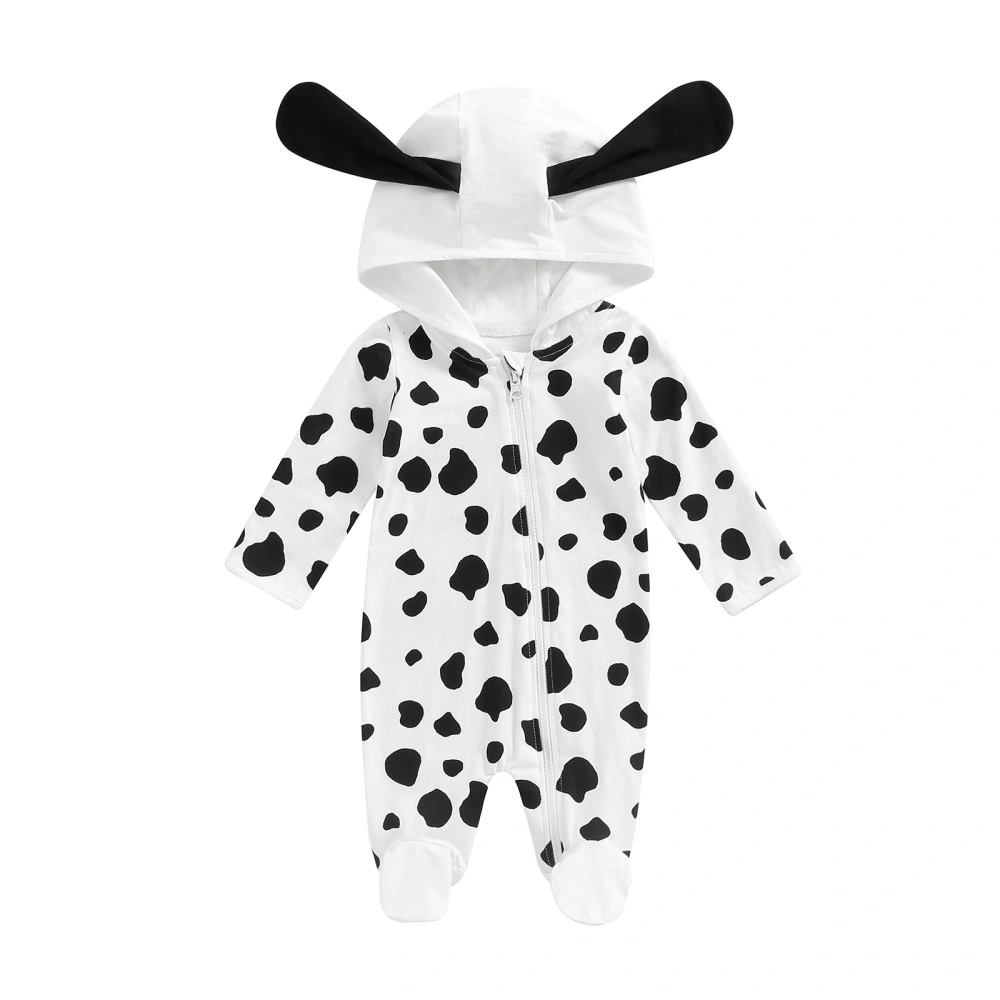 Baby Girls Autumn Hooded Romper Long Sleeve Cow Print Oblique Zipper Footed Jumpsuit