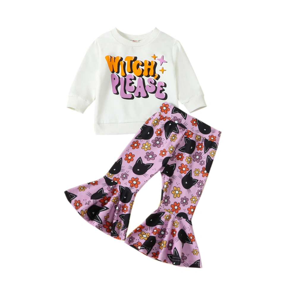 Toddler Girl Fall Outfits Letter Print Crew Neck Long Sleeve Sweatshirts Cat Flower Print Flare Pants 2Pcs Halloween Clothes Set