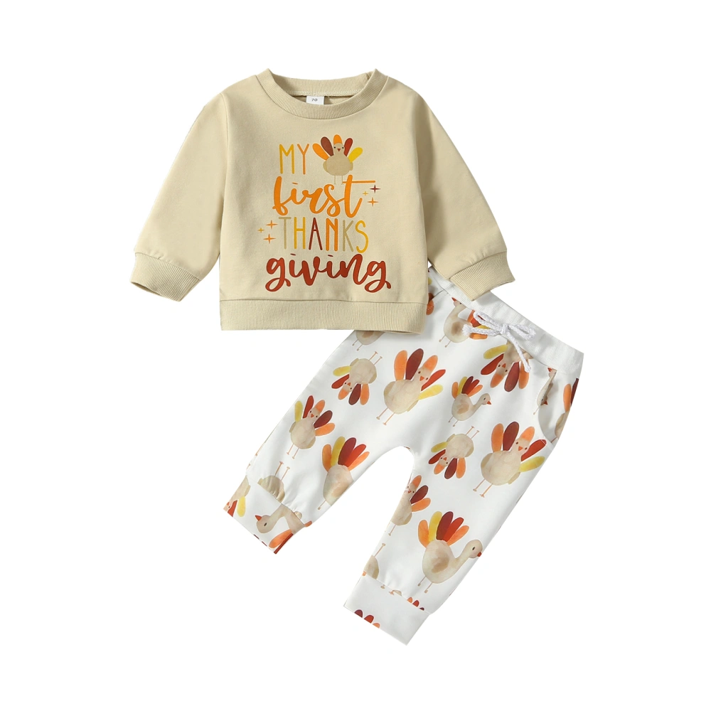 Baby 2 Piece Thanksgiving Outfit Cute Letter Turkey Print Long Sleeve Sweatshirt and Pants Set for Infant Fall Clothes