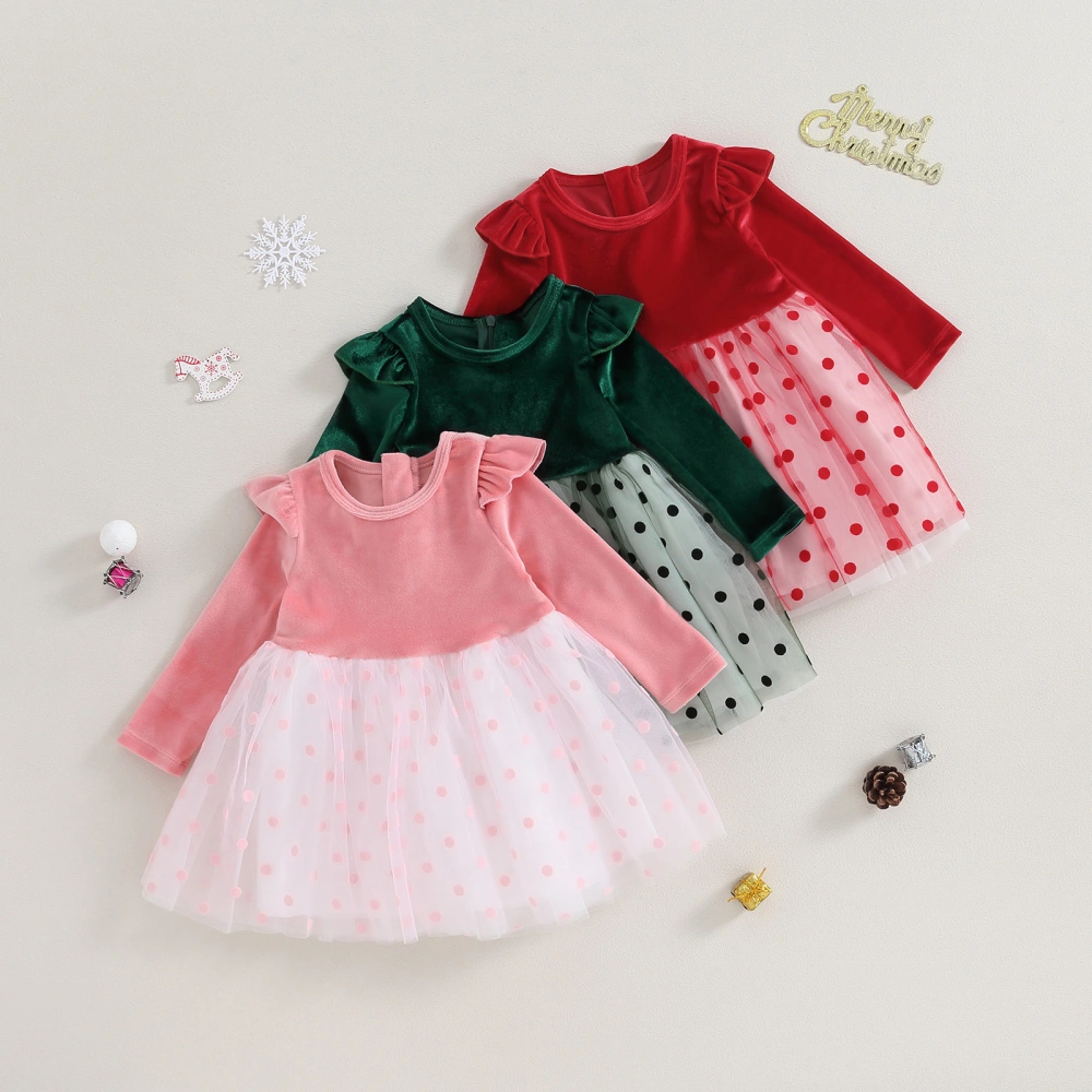 Baby Girls Autumn A-line Dresses Long Sleeve O Neck Dot Print Tulle Patchwork Dresses