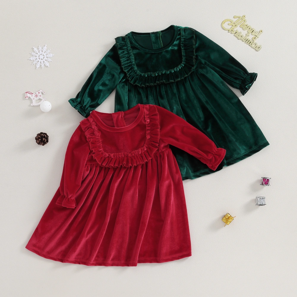 Kids Girl Christmas Dress Solid Color Long Sleeves Velvet A-Line Party Dress for Toddler Baby Spring Clothes