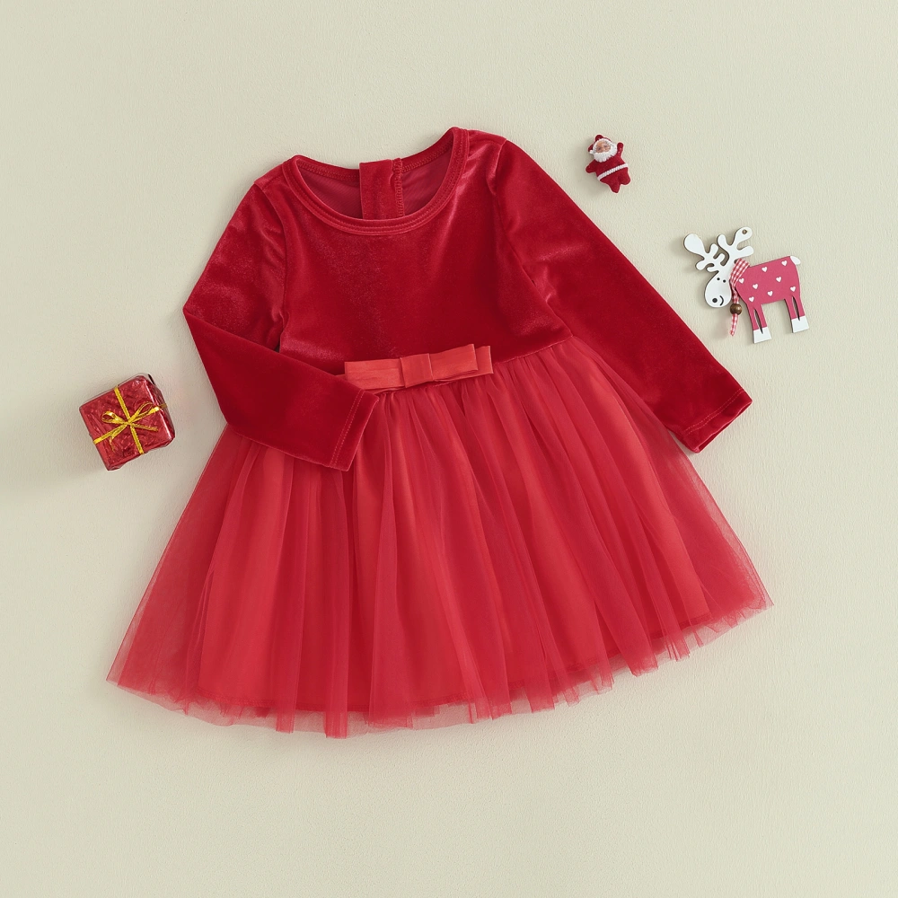 Kids Girls Dress Christmas Clothes Velvet Dress Solid Color Layered Tulle Long Sleeve Dress Fall Winter Princess Dress