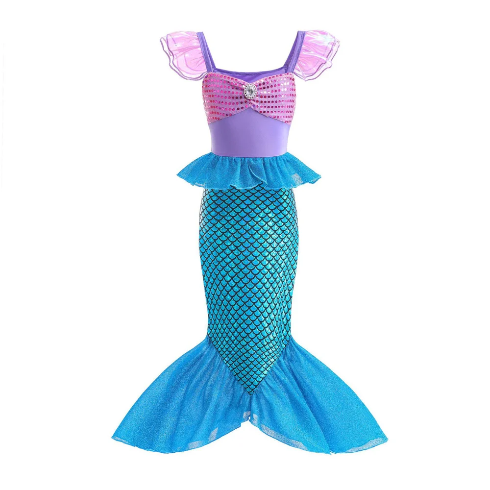 Kids Girls Halloween Mermaid Costume Fish Scale Print Fishtail Dress for Toddler Role-Playing Party Cosplay Outfit