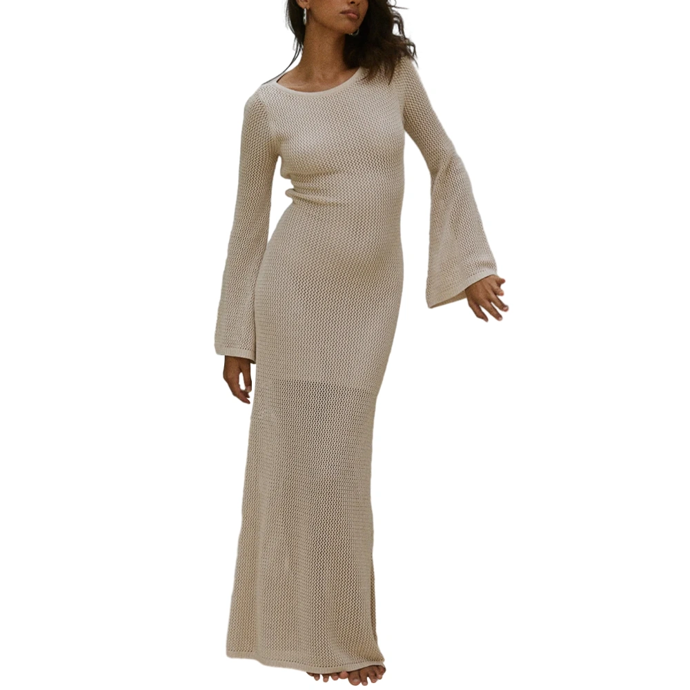 Women's Summer Knit Dress Solid Color Long Sleeve Boat Neck Back Tie-Up Slim Long Dress