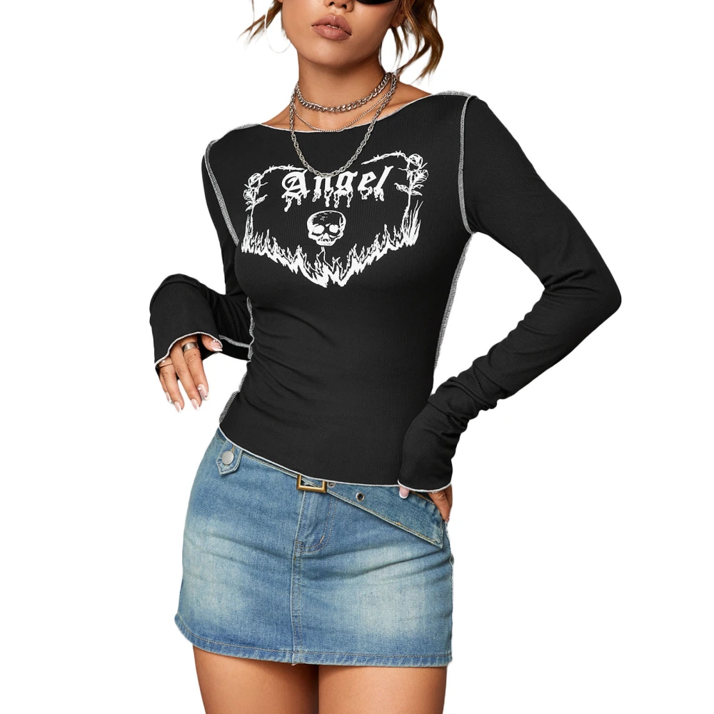 Women Grunge T-Shirt Goth Skull Print Bell Sleeve Slim Fit Crop Tops Summer Round Neck Shirt Streetwear