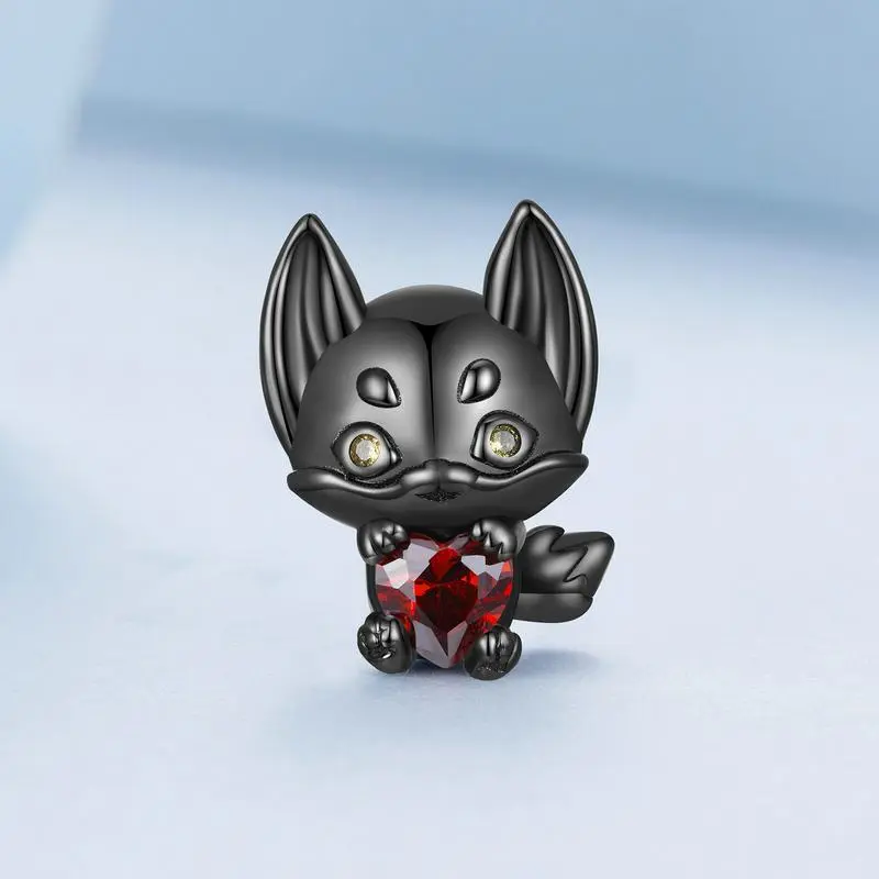 925 Sterling Silver Black Fox Bead Red Heart Zircon Cute Animal Charms Black Gold Plated for Women DIY Bracelet & Bangle