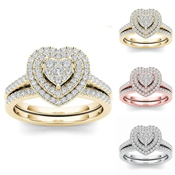 Elegant beautiful women's fashion Zircon jewelry classic white Rhinestone Zircon heart ring set romantic princess engagement wedding ring set anniversary Valentine’s day gift luxury jewelry