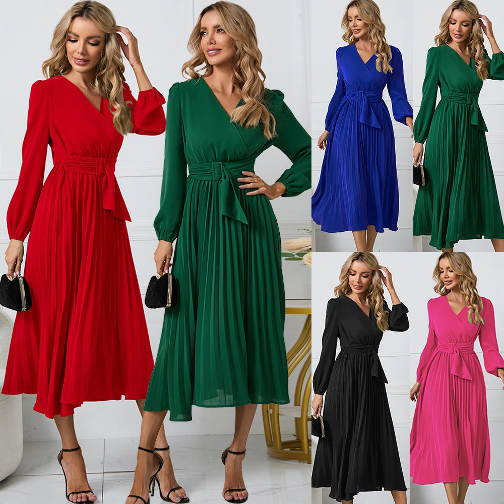 Women's New Long Sleeve Slim Pleated Dress