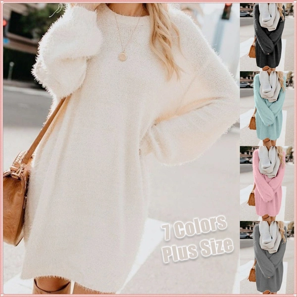 New Autumn Winter Women’s Fashion Sweater Dress Round Neck Pure Color Long Sleeve Casual Loose Pullover Sweaters