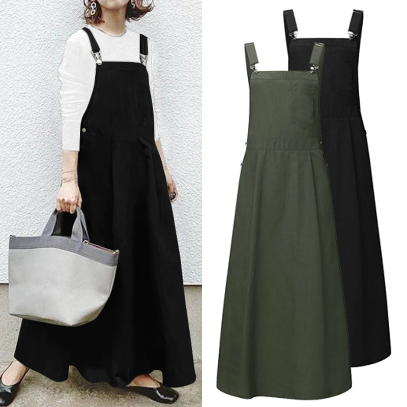 Women Solid Color Pinafore Dress Casual Straps Backless Long Dress Dungaree Plus Size