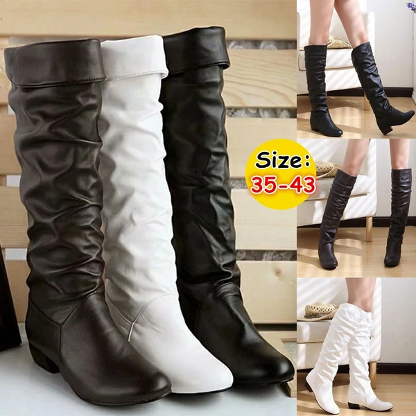 Autumn and Winter Women's Knee High Boots Warm Leather Boots Low Heel Half Boots Knight Boots Plus Size 35-43