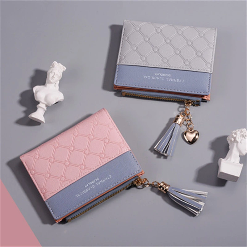 Korean Version of the New Women's Short Wallet Stitching Color Contrast Short Wallet Tassel Zipper Multi-card Coin Purse