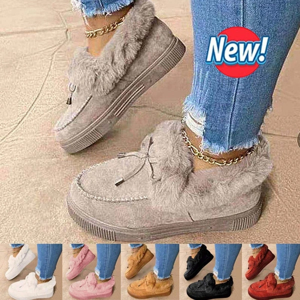 2021 New Fashion Women Bowknot Suede Faux Fur Moccasin Shoes Warm Lightweight Slippers Non-slip Platform Shoes Winter Cute Soft Snow Boots Casual Suede Flat Plush Shoes Comfortable Wearing tenis feminino