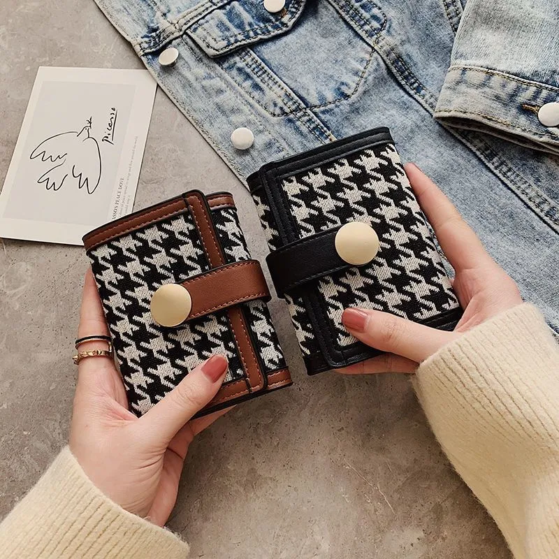 New Ladies Tri-Fold Houndstooth Canvas Wallet Short Wallet Buckle Clutch Multifunctional Coin Purse