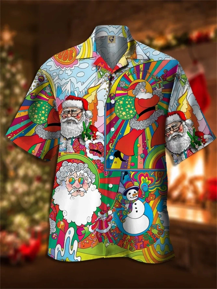 Christmas Santa Elk Funny Button Up Shirts For Men,Casual Summer Polyester Lightweight Daily Regular Shirt Collar Null Shirts For Men