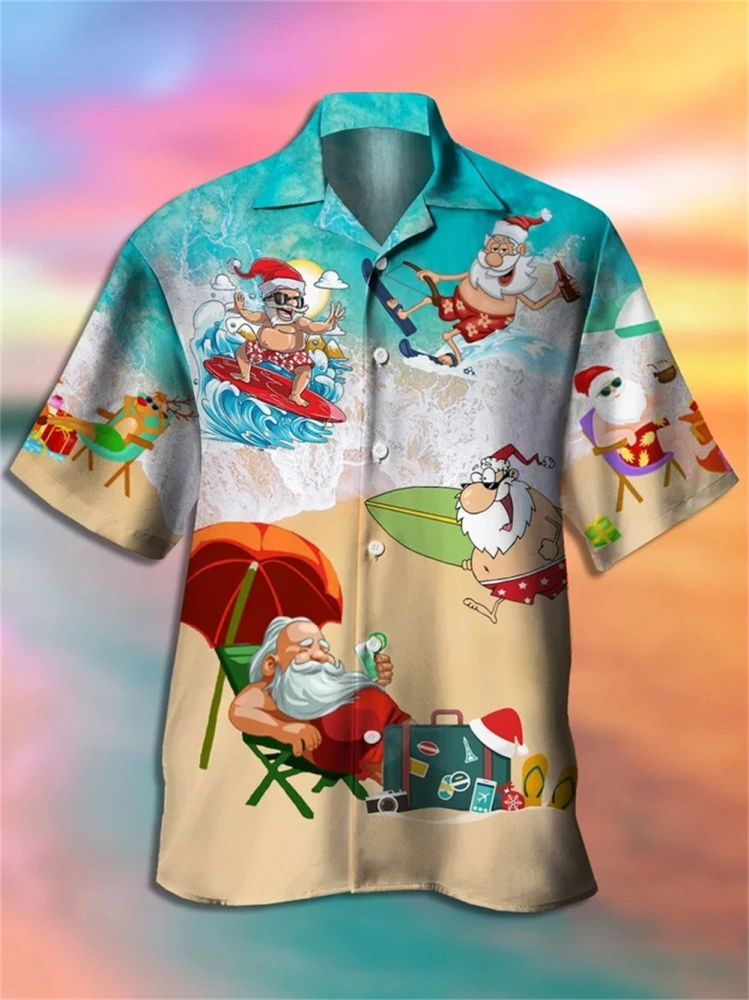 Christmas Santa Elk Hawaiian Shirts For Men,Casual Summer Christmas Polyester Lightweight Micro Elasticity Regular Fit Short Sleeve H Line Shirts For Men