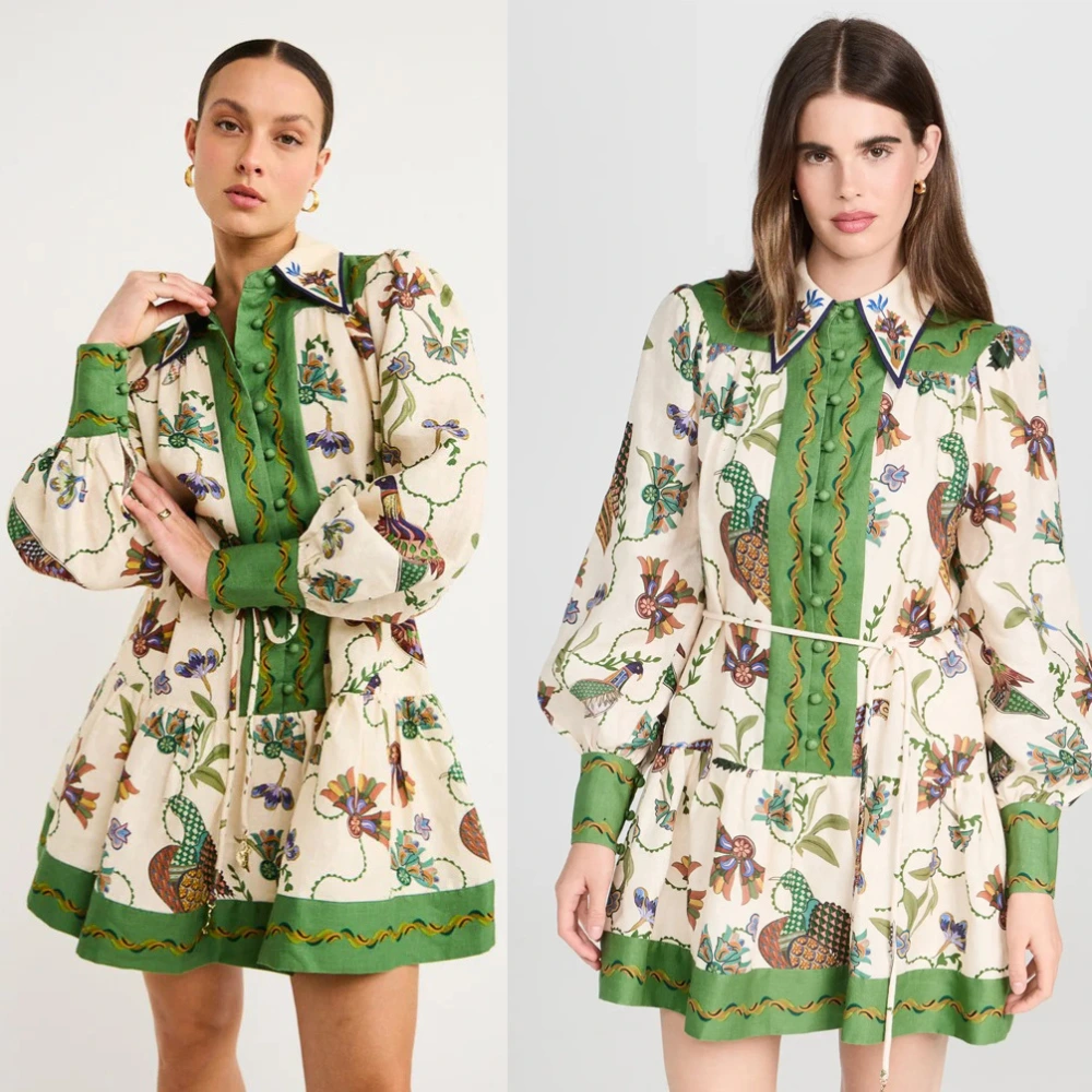 Long Sleeve Printing Lapel Dress