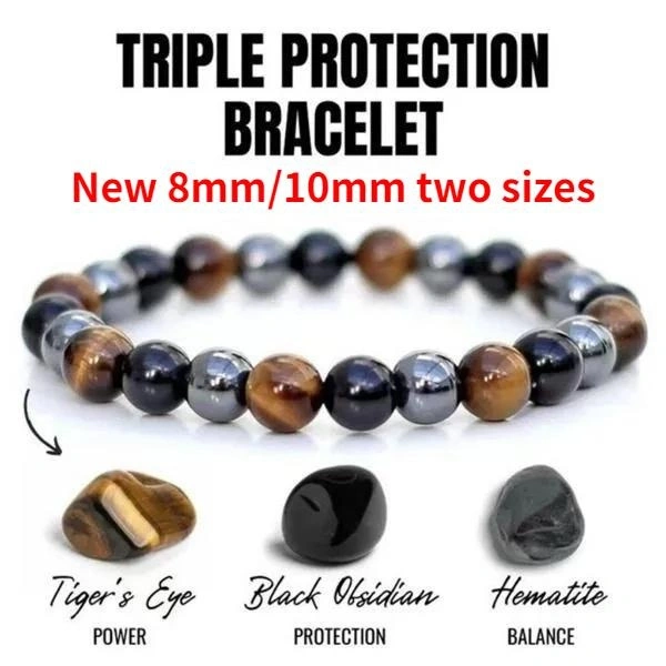 New Unisex Fashion Natural Stone Bracelet Tiger Eye Triple Protection Hematite and Black Obsidian Bracelet Gift Jewelry