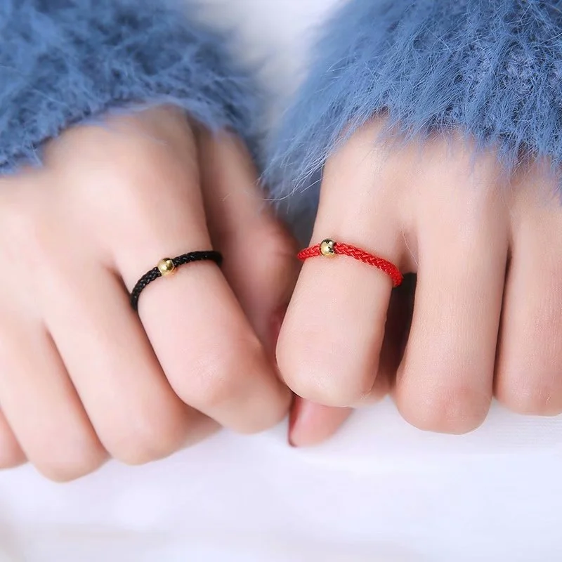 Small Gold Bead Black String Red String Braided Band Ring