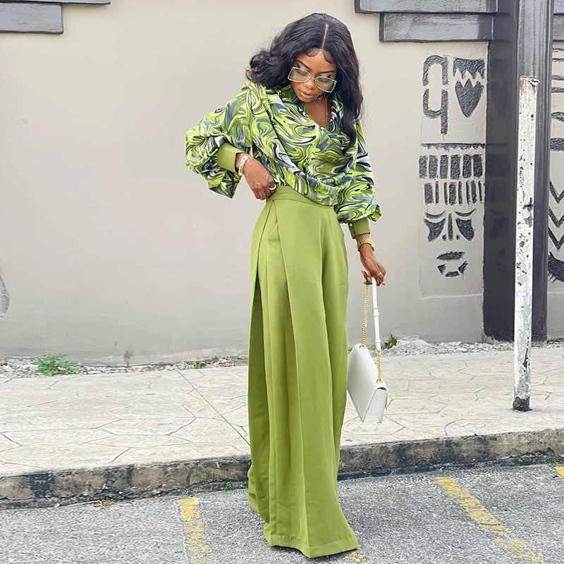 Women's Fashionable Printed Lantern Sleeve Shirt Wide-leg Suit