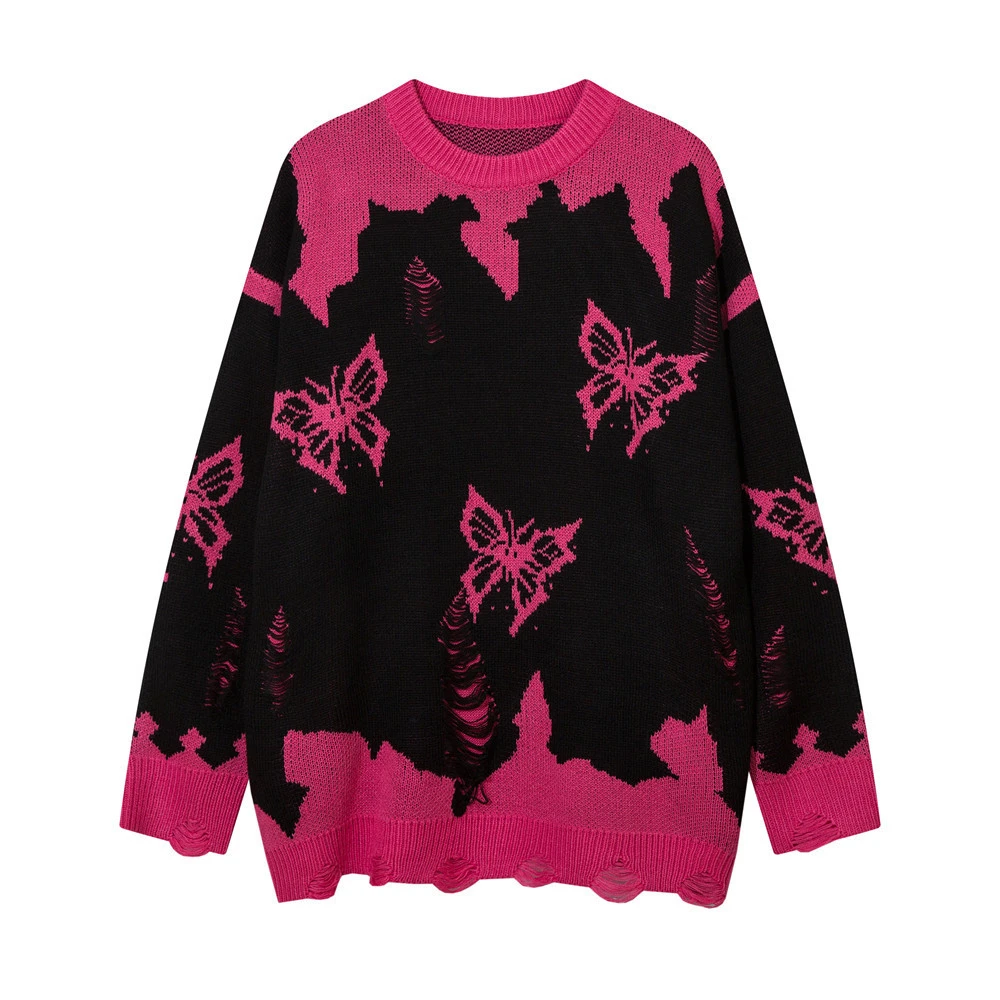 Guochao High Street Butterfly Crochet Ripped Sweater Men