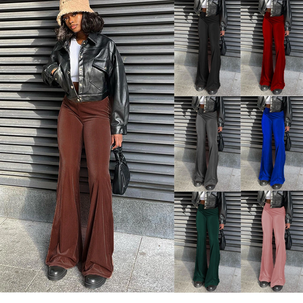 Solid Color Velvet Elastic High Waist Slimming Casual Bootcut Trousers Women