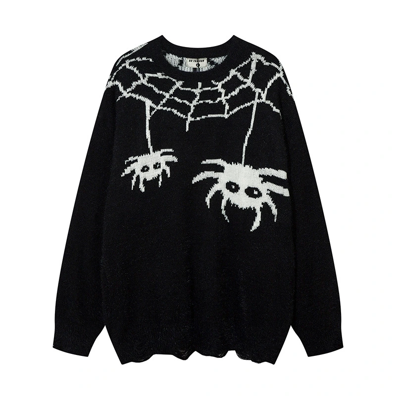 Dark Spider Web Round-neck With Fleece Lining Sweater