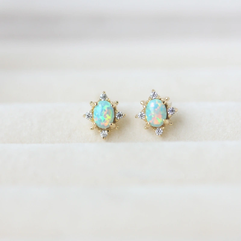 S925 Sterling Silver Gold Plated Opal Zircon Stud Earrings