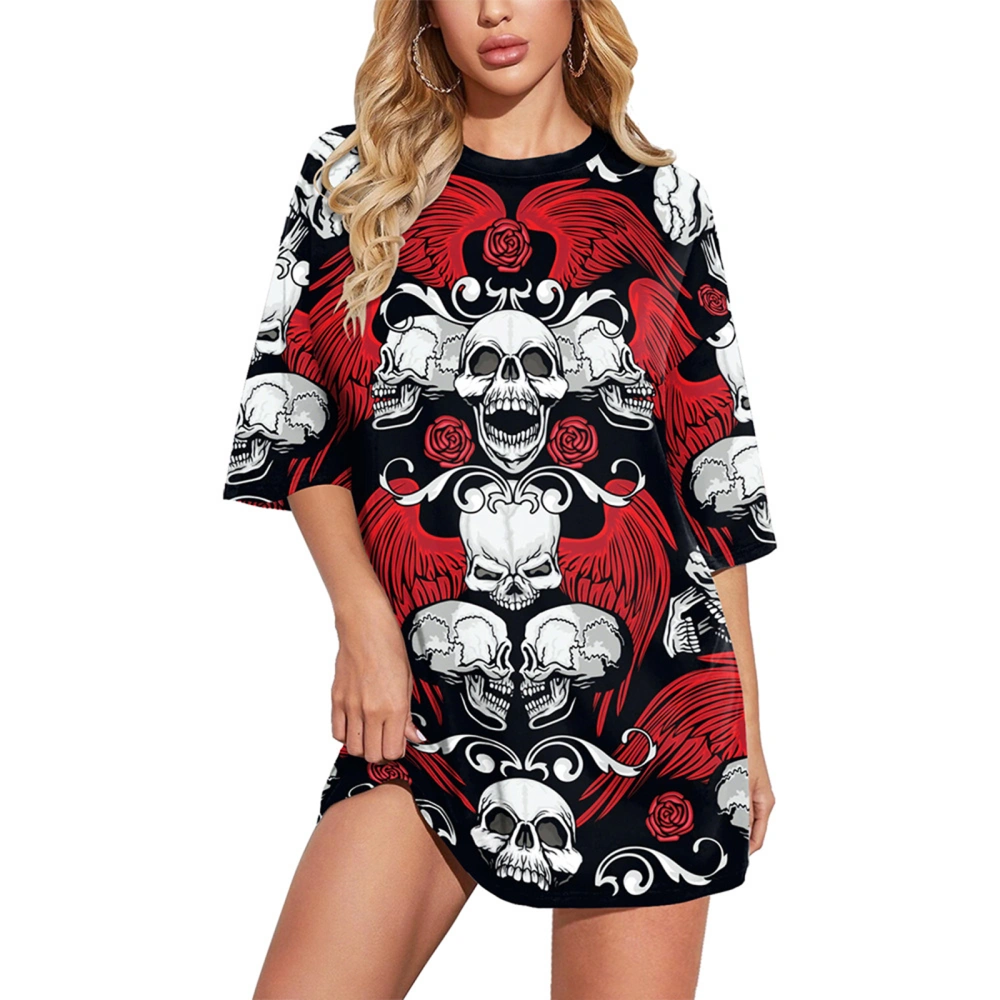 Women Halloween T-shirt, Crew Neck Short Sleeve Skull Flower Print Loose Summer Tops Streetwear