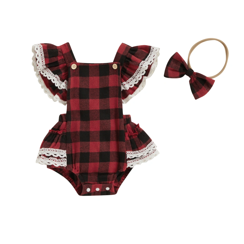 Baby Girls Summer Casual Romper Flying Sleeve Lace Trim Plaid Playsuit with Headband