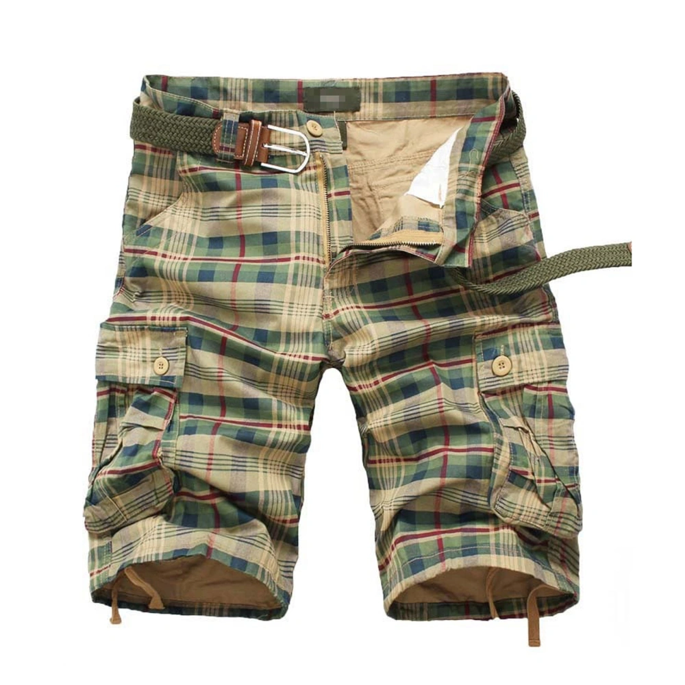 Men Summer Slim Casual Shorts, Fashion Plaid Cargo Pants with Belt, Active Sports Shorts with Multi Pockets