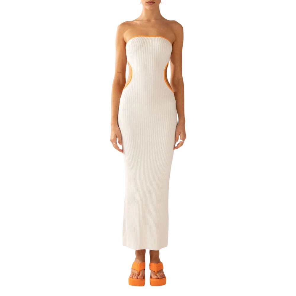 Women's Bodycon Tube Dress, Strapless Side Cutout Contrast Color Ribbed Long Dress