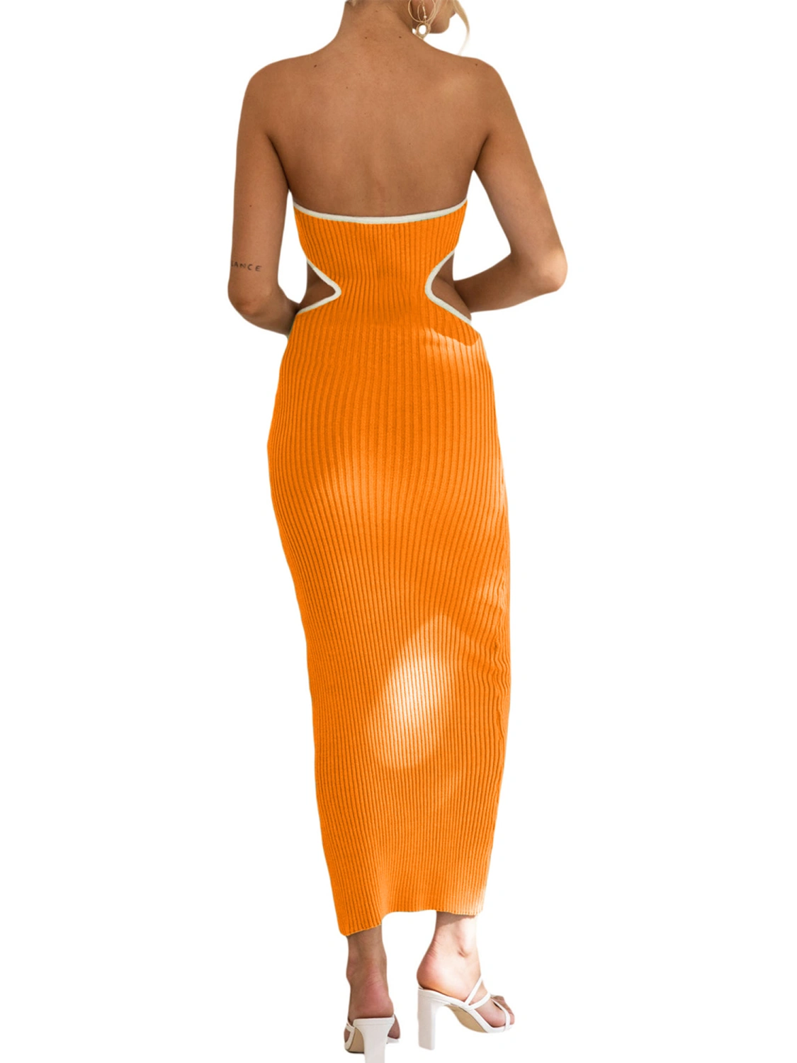 Women's Bodycon Tube Dress, Strapless Side Cutout Contrast Color Ribbed Long Dress