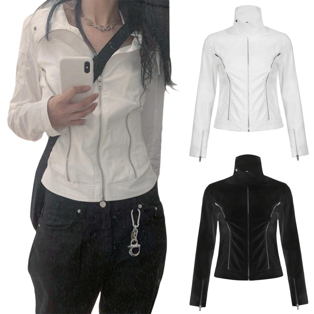 Women Casual Jacket, Long Sleeve Stand Collar Zipper Closure Solid Cool Fall Outwear