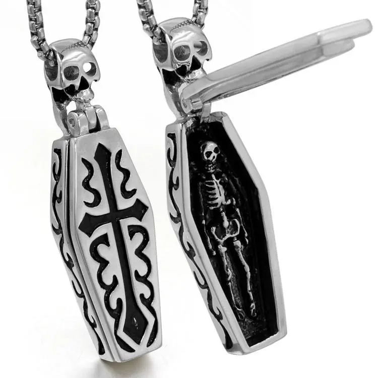 Men Vintage Stainless Steel Steampunk Coffin Vampire Skull Human Skeleton Gothic Pendant Necklace