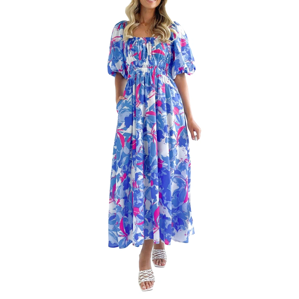 Women's Summer Floral Dress Short Puff Sleeve Ruched Bust A-Line Long Dress Smocked Dress with Pockets