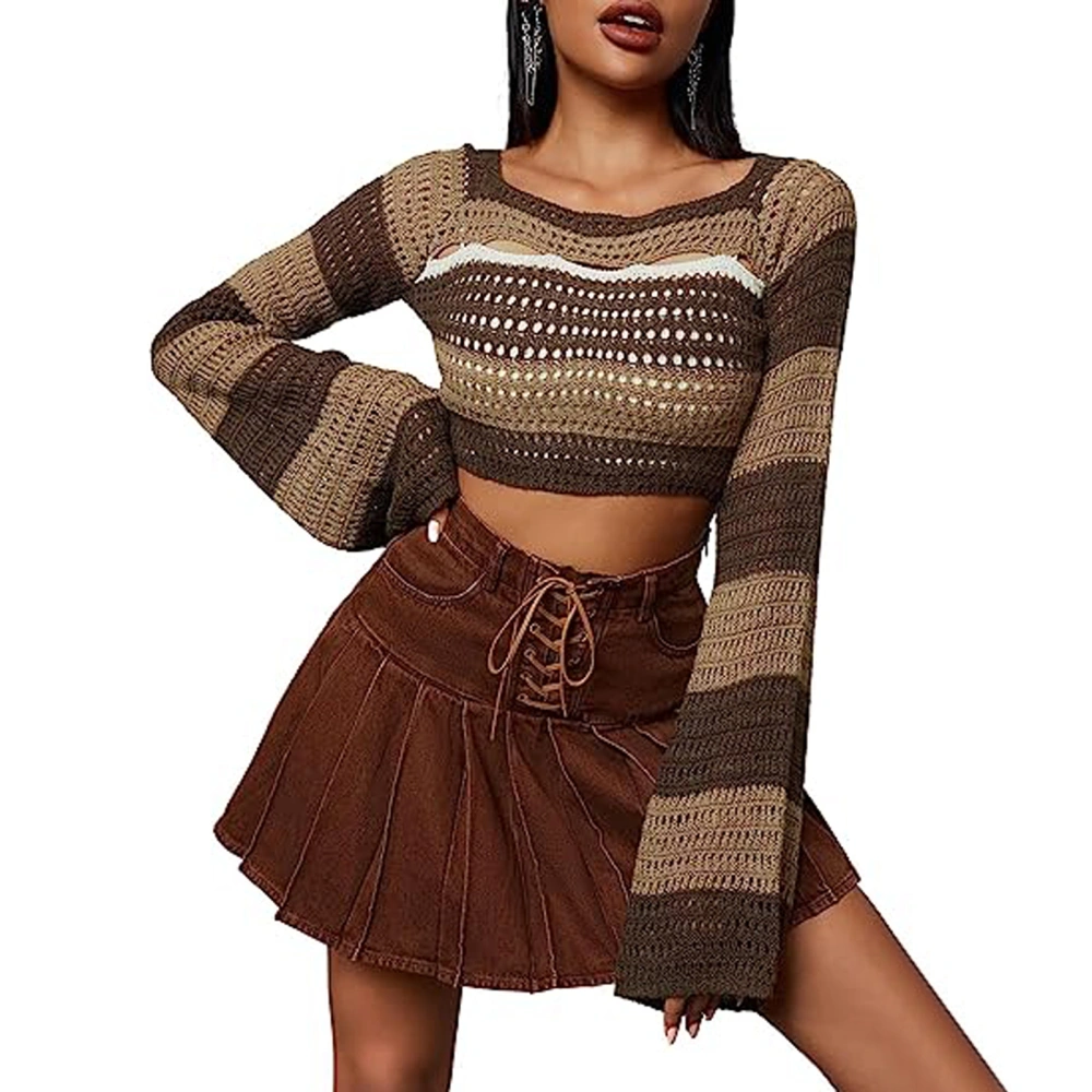 Women's Summer Knit Crop Tops Long Sleeve Hollow Striped Going Out Tops Streetwear