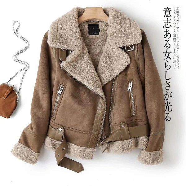 Women Winter Faux Shearling Sheepskin Fake Leather Jackets Lady Thick Warm Suede Lambs Short Motorcycle Brown Coats 