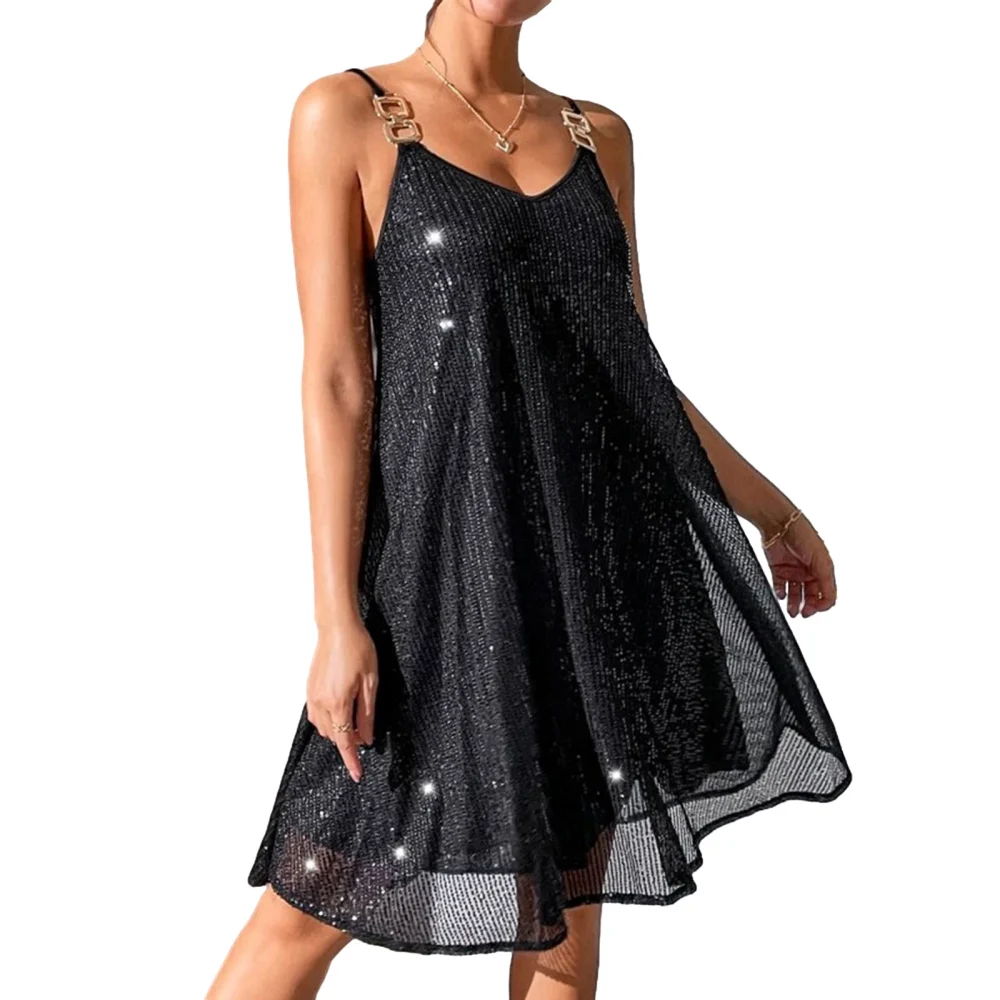 Women Slip Dress, Spaghetti Straps Backless Shiny Sequined Loose A-line Dress Midi Dress