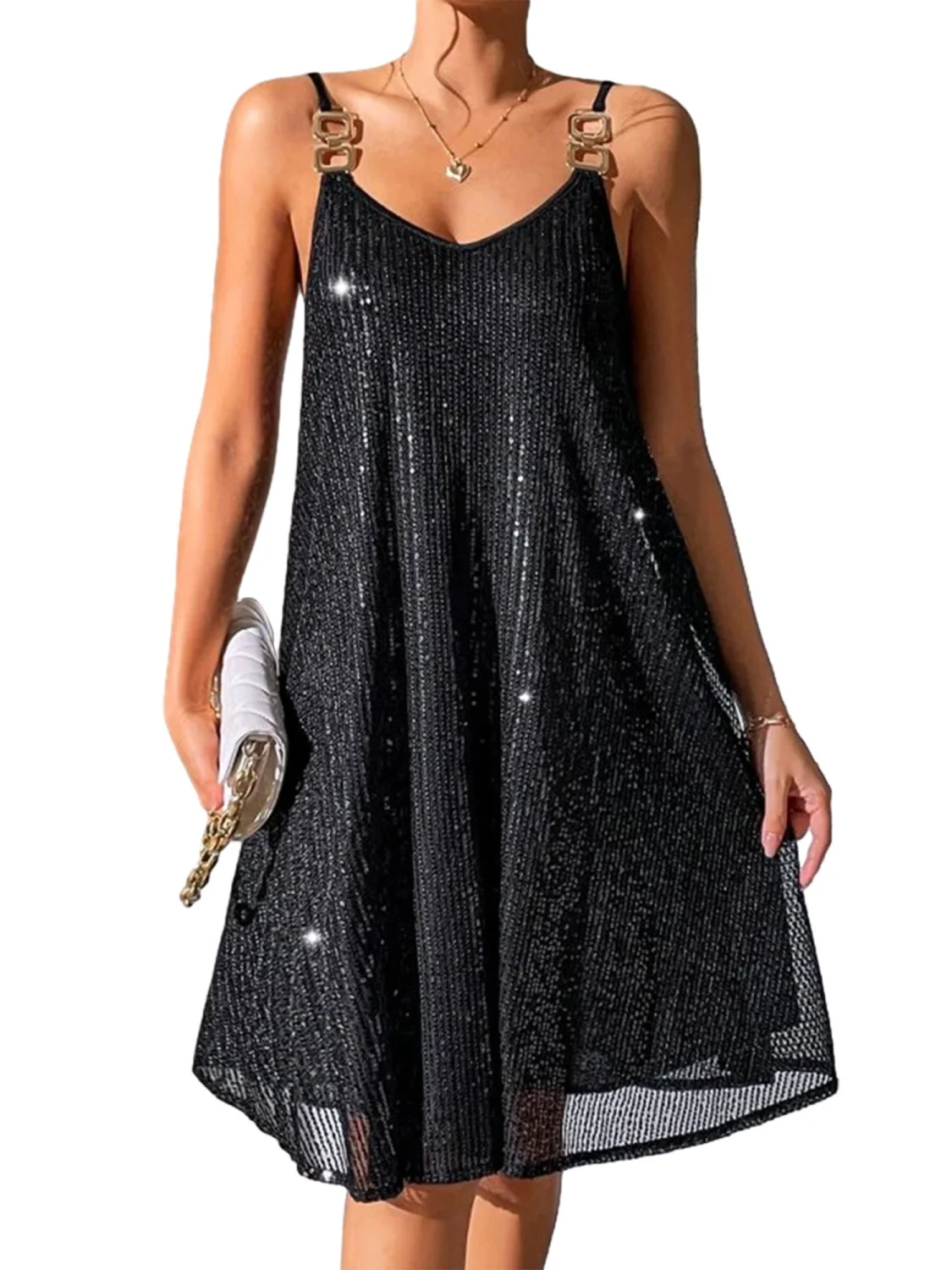 Women Slip Dress, Spaghetti Straps Backless Shiny Sequined Loose A-line Dress Midi Dress