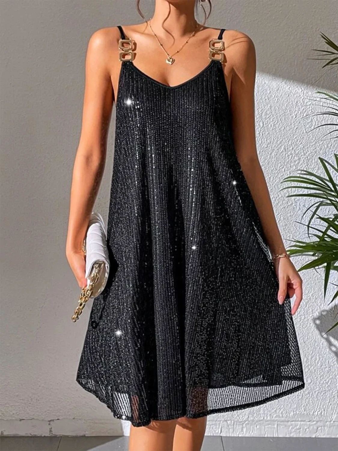Women Slip Dress, Spaghetti Straps Backless Shiny Sequined Loose A-line Dress Midi Dress