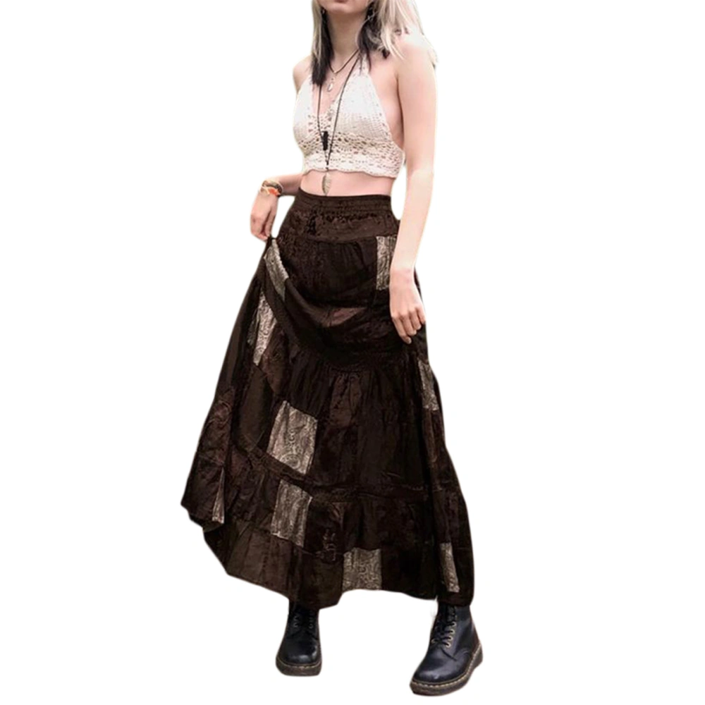 Women Long Patchwork Skirt, Adults Vintage Elegant Flower Print Pleated Skirt (Brown)