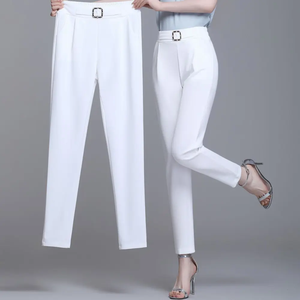 Elegant High Waist Elastic Harem Pants for Women Commuter Casual Capri Pants Fashion Solid Color Pockets Sashes Trousers 4XL