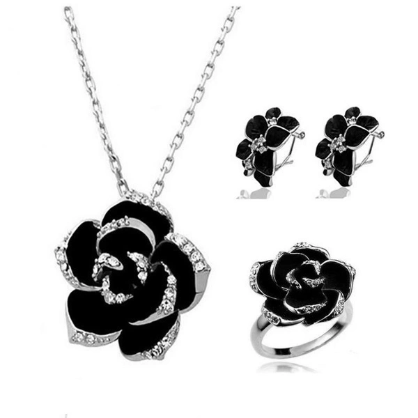 Fashion Rose Flower Enamel Jewelry Set Rose Gold Color Black Bridal Jewelry Sets for Women Wedding Jewelry